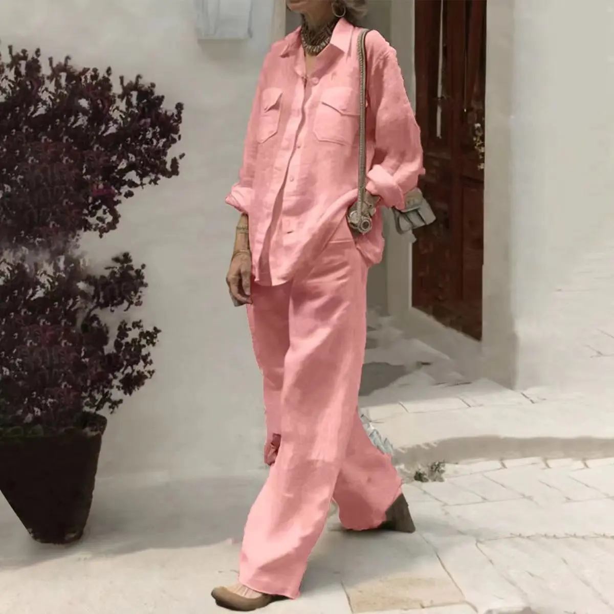 Boutique Wholesale 2026 Summer New Fashionable Cotton and Linen Fabric Long Sleeved Tops and Wide Leg Pants Women's Sets