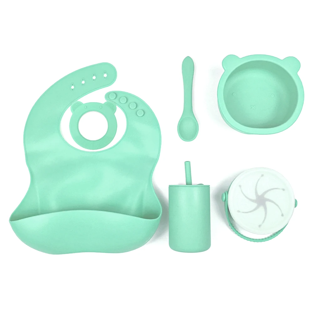 

RTS BPA Free Silicone Food Plate Sets Baby Feeding Bowl Spoon Bib Cup Set Factory Price OEM ODM design LOW MOQ