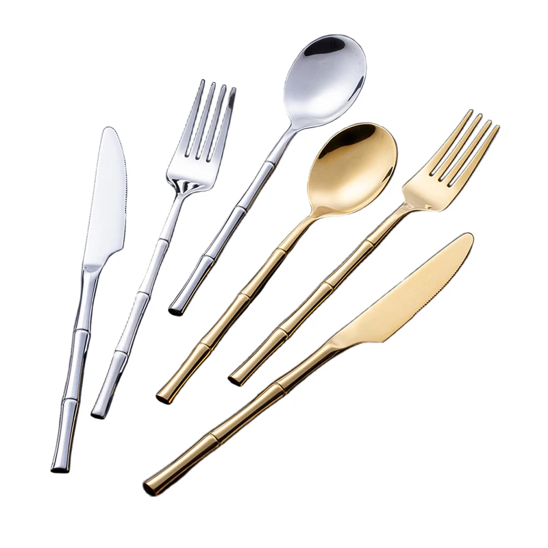 

Wholesale New Design Western Style Stainless Steel Gold Cutlery Set with Bamboo Shape Handle
