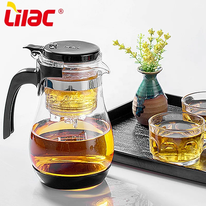 

Lilac BSCI SGS LFGB 600ml 800ml custom logo box press camping portable glass teapot