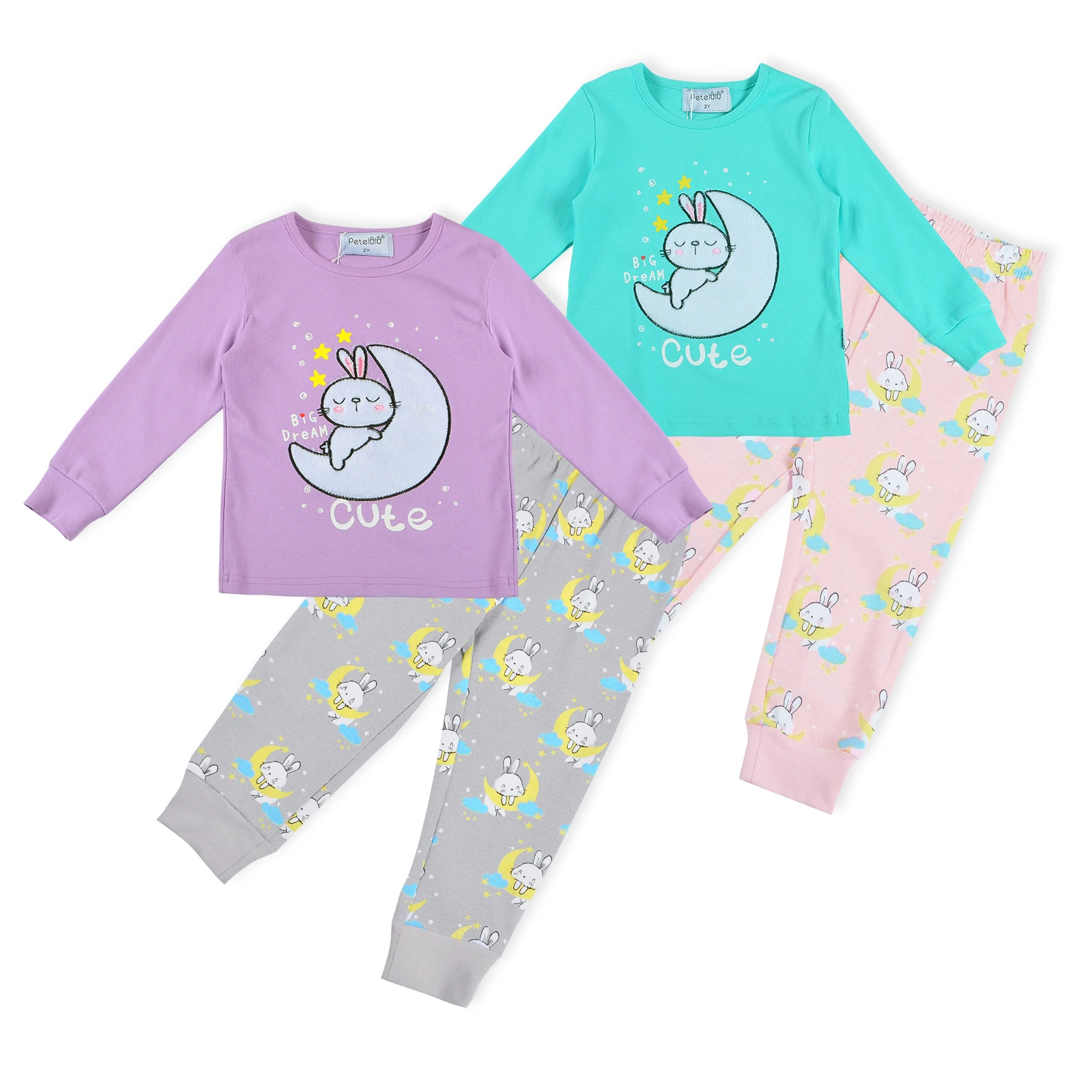 

wholesale RTS print children sleepwear pajamas fashion kids pajamas long sleeve suits, Green/ sky blue