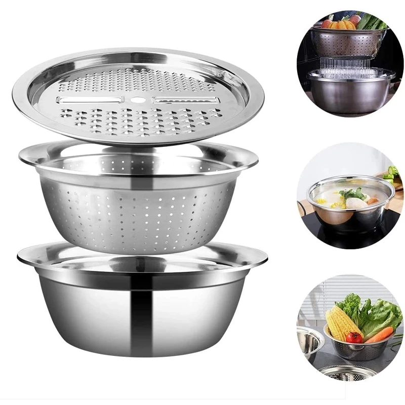 

3Pcs/Set Multifunctional Kitchen Vegetable Cutter With 3 IN 1 Stainless Steel Drain Basin Graters For Vegetables Fruits Salad