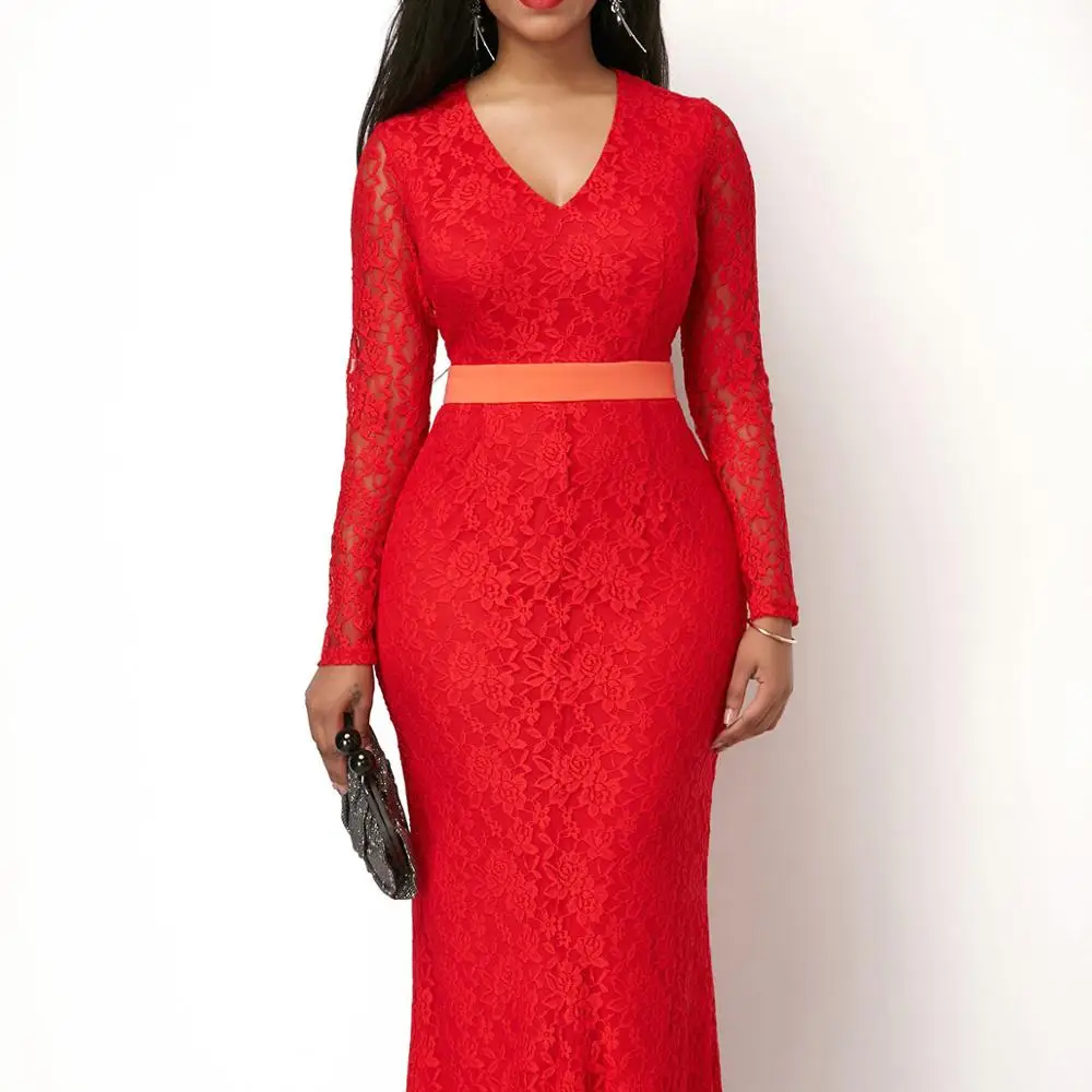 

Ladies Elegant Red Long Sleeve Lace womens casual dress