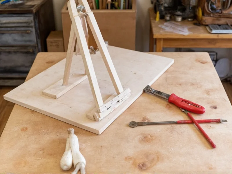 DIY easel materials laid out on workbench with tools