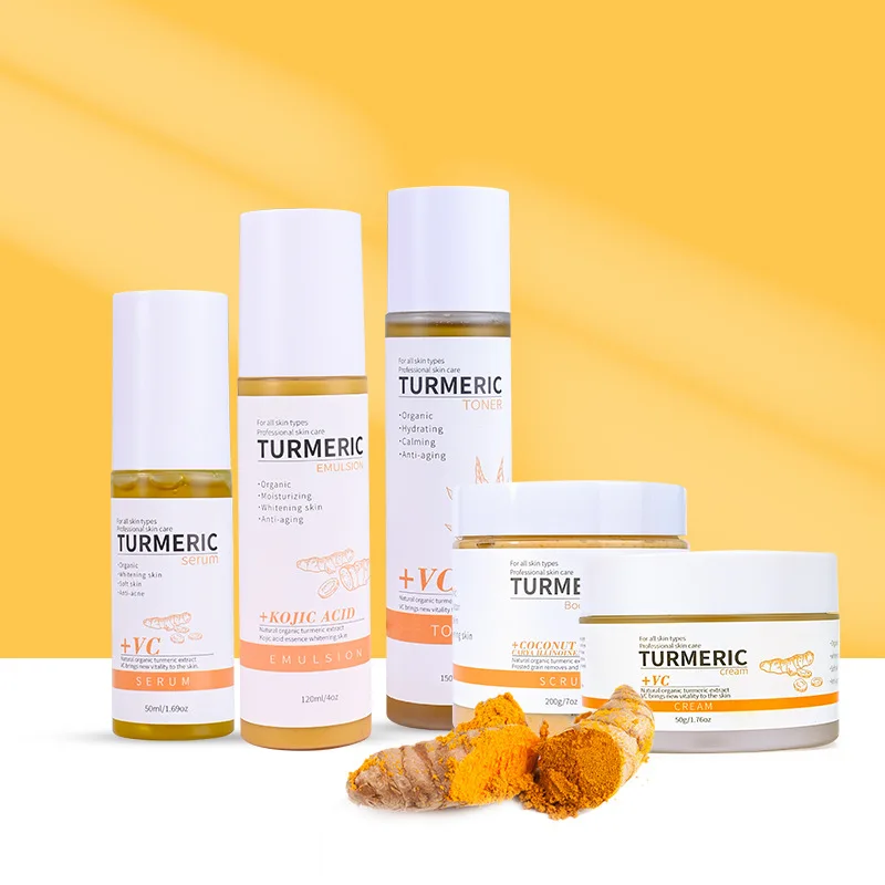

turmeric ginger extract curcumin face skin care set serum scrub organic cream lightening bleach lotion private label