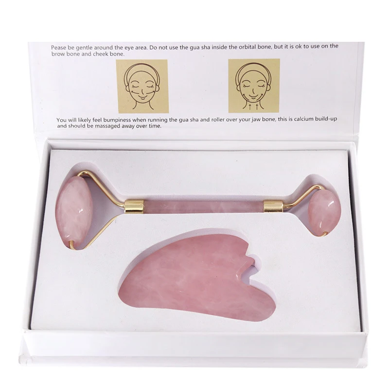 

JD003 Private Logo Pink Jade Roller Guasha Set Facial Massagers Integrated Welded Metal Frame with Luxe Box Free Shipment