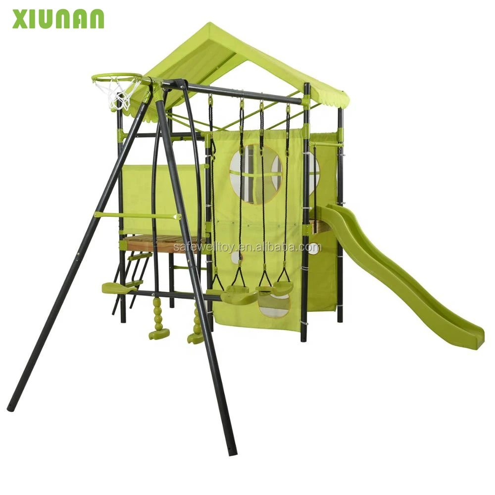 
Outdoor Children Metal Playground Climbing frame kids Swing set With Plastic Slide and wooden 
