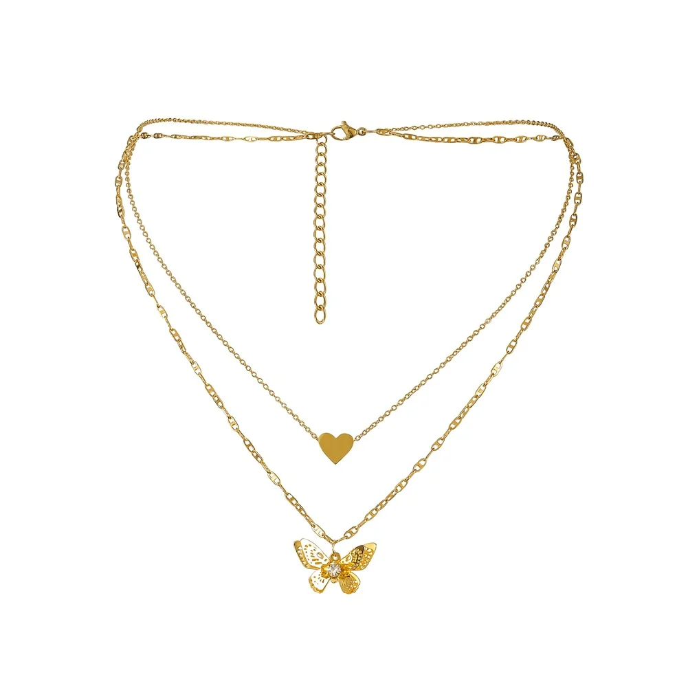

High Quality Gold Plated 2 Layers Heart Pendant Carved Butterfly Necklace Jewelry Dainty Minimalistic Pendant Necklace