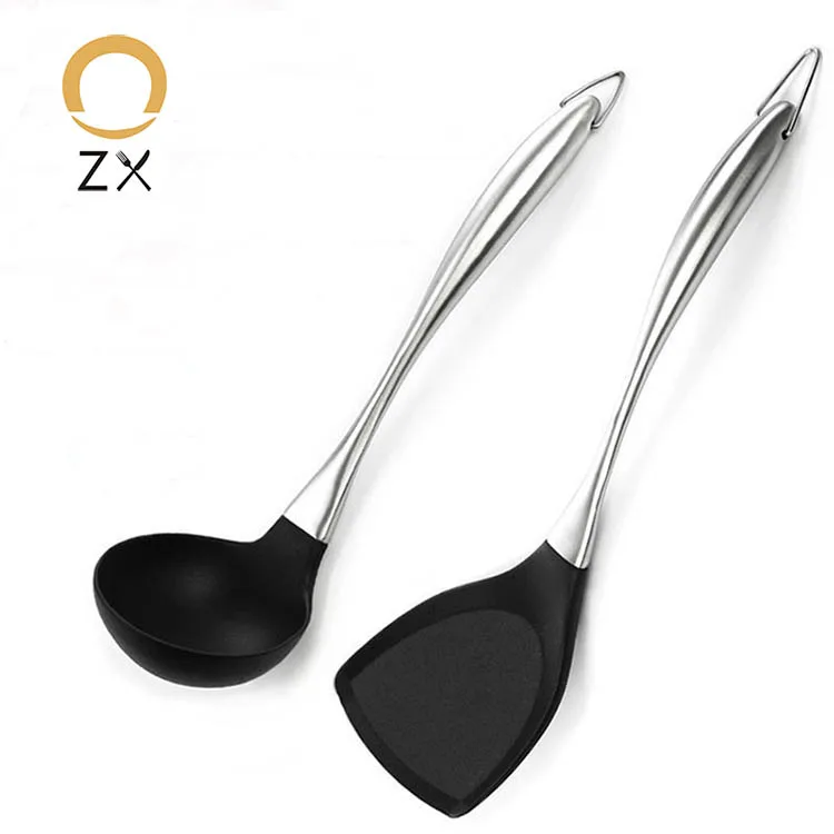 

2 pcs Spoon stir-frying shovel high quality 304 stainless steel handle silicone kitchen accessories, Silver+black