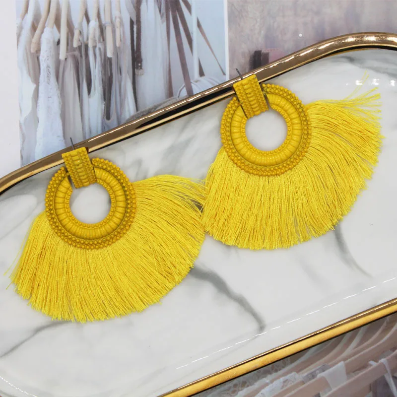 

New Bohemian Handmade Geometric Hollow Circle Fan Shape Tassel Earrings Yellow Fan Shape Tassel Earrings