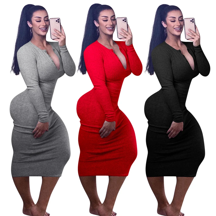 Lowest Price 2021 New Arrivals Sexy Women Fashion Clothing V Neck Long Sleeve Solid Color Long Dress Maxi Dresses