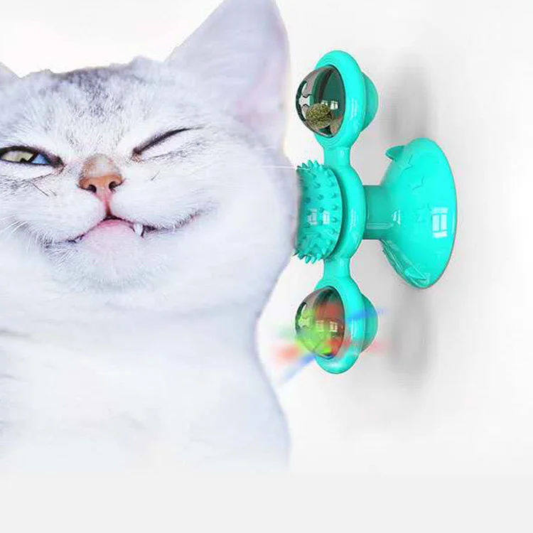 

Turn The Windmill Cat Toy Turntable Tease Scratch Brush Cat Brush Cat Toy, Yellow blue green