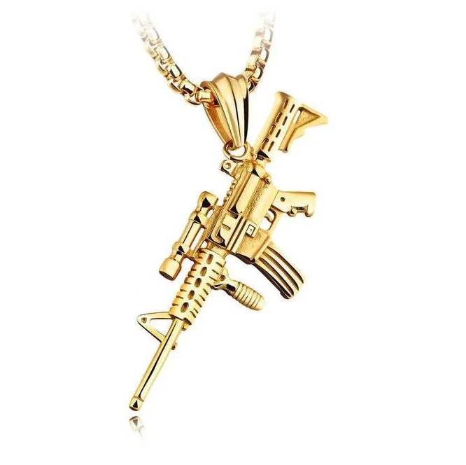 

M4A1 Golden Color Gun Shaped Pendant Punk Gun Army Style Male Weapons Necklace For Men corrente masculina Jewelry, Gold silver black