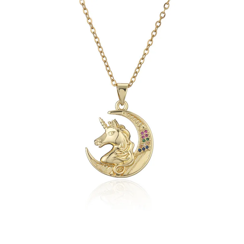 

Simple Fashion Lovely Micro Colored Zircon Unicorn Moon Necklace Rainbow Color Cubic Zirconia Crescent Moon Unicorn Necklace