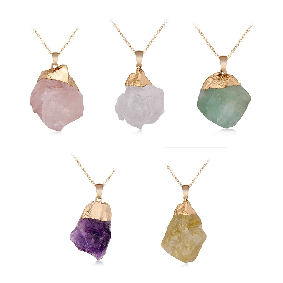 

Natural Crystal Pendant Necklace Raw Stone Gemstone Gold Plated Healing Irregular Handmade Jewelry for Women