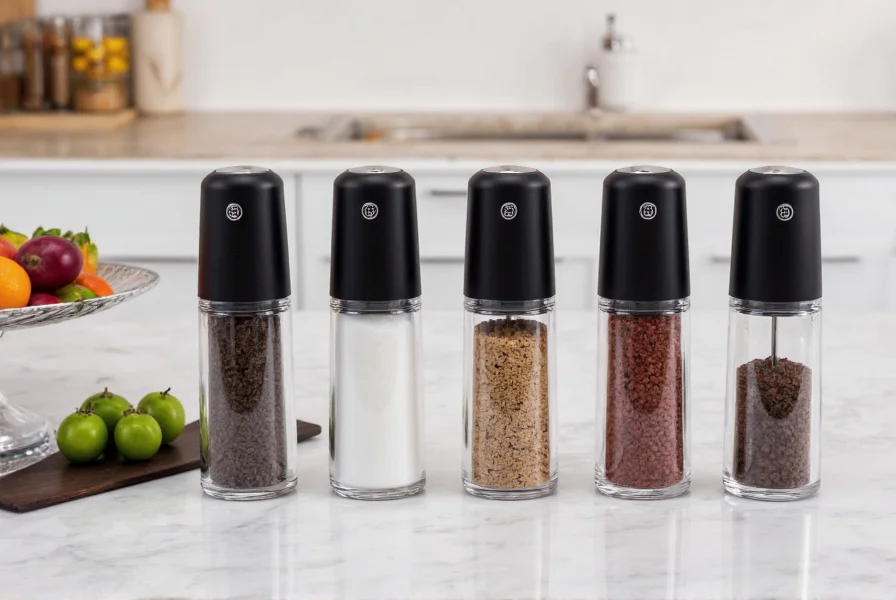 Electric salt and pepper grinders in various sizes and designs on kitchen counter