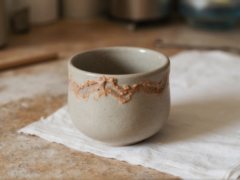 Close-up of handmade ceramic mug with glaze details on workshop table