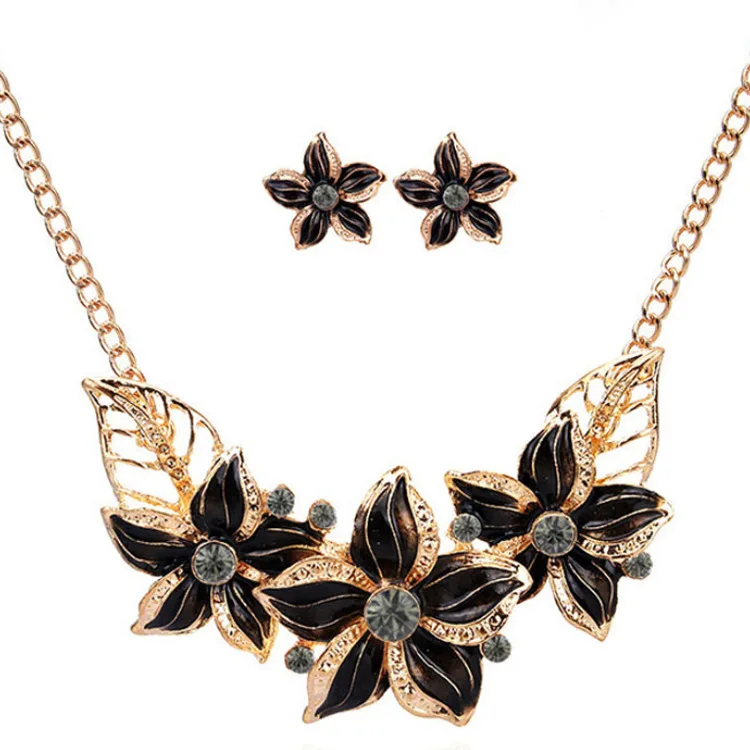 

Black Enamel Flower Statement Necklace Earrings With Clear Crystal Black Painting Jewelry Set