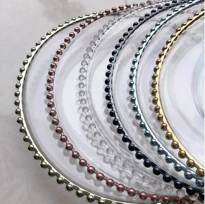 

Factory Cheap Wholesale Wedding Gold Rose Gold Clear Plastic Beaded Rim Charger Plates, Clear or color coating