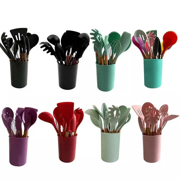 

Wooden Kitchen Appliances Tools Utensils Set Silicone Utensil 12 pcs Set Non Stick Spatula Shovel Cooking Spoon and Gadgets, Black, grey, red, pink, purple, green, light green