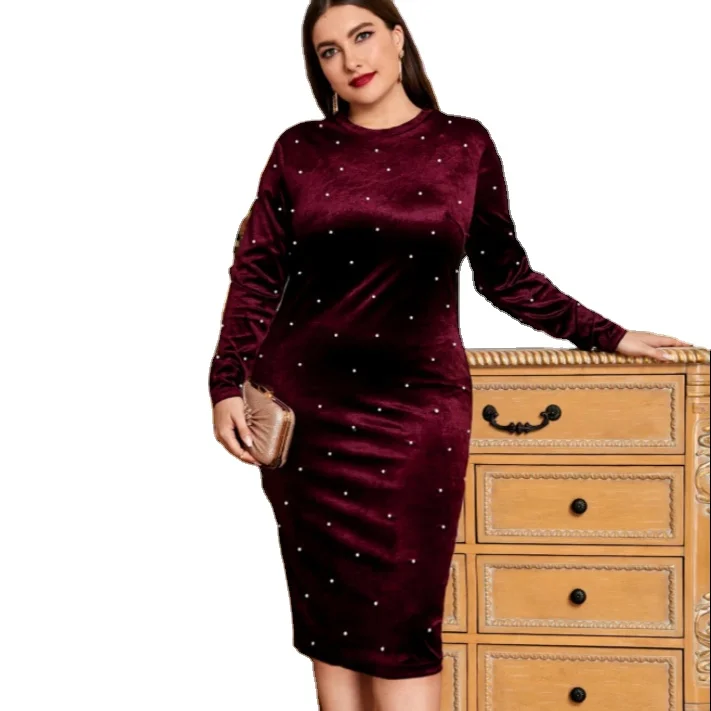 

New arrivals 2021 fashion design Pearl Beaded Velvet plus size women lady Elegant Dress Party