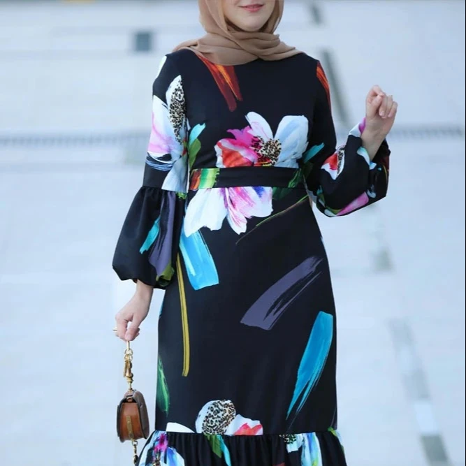 

Dresses Women Muslim Long Black Color And Flower Print Dress For Ladies Muslim Dress Women