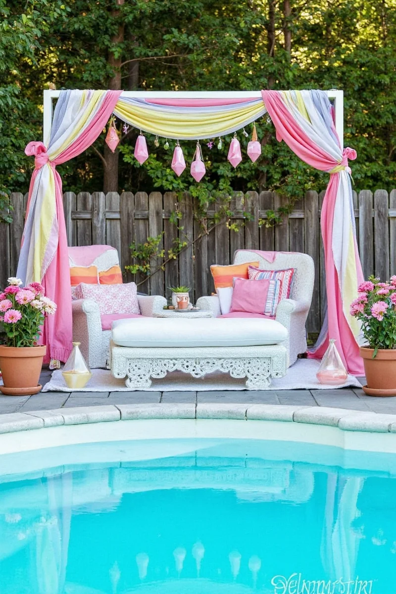 Kids painting poolside decor items together