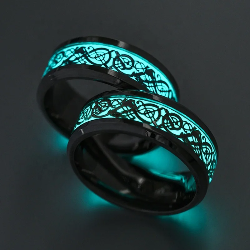 

Titanium Steel Blue Green Luminous Dragon Ring Fluorescent Ring for men, Picture