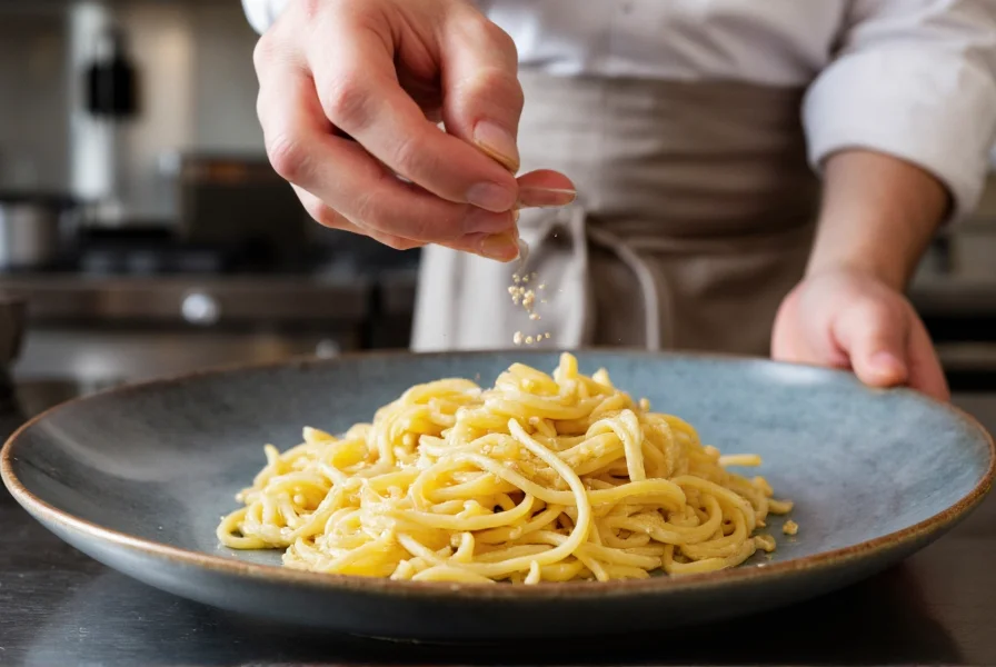 Chef seasoning a creamy pasta sauce with white pepper in a professional kitchen setting