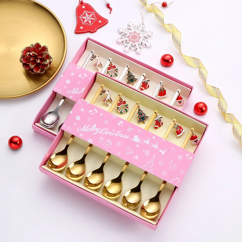 

LT011 Christmas Tree Socks Decorate Stainless Steel Tea Coffee Spoon Gold and Sliver Teaspoon Honey Cutlery Set, See picture