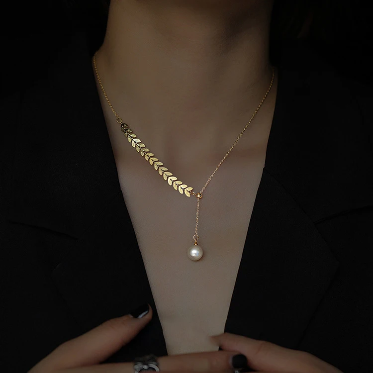 

Trendy wheat shaped 18k gold stainless steel freshwater pearl necklace choker