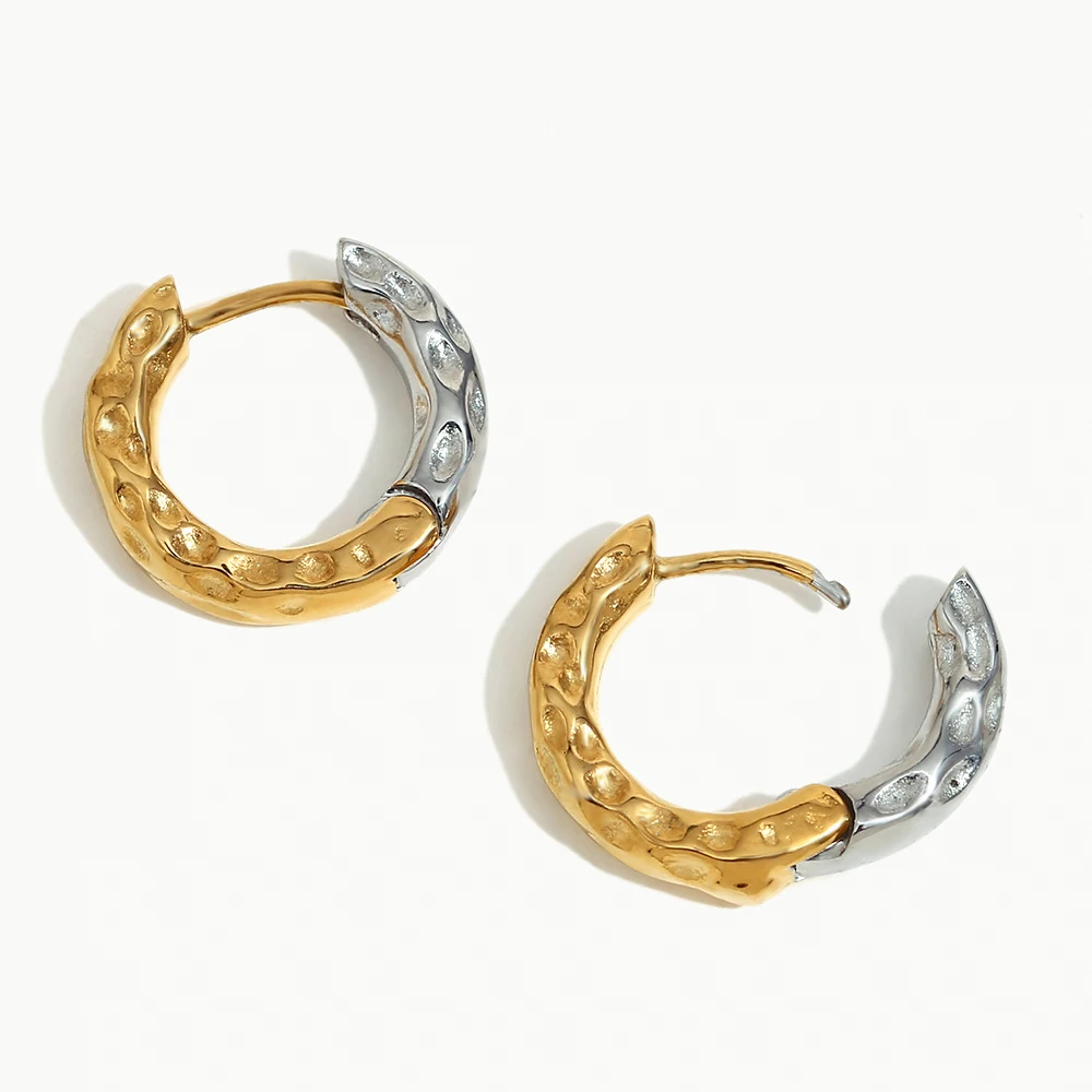 Fashion Waterproof Stainless Steel Two Tone Earring Jewelry 18K Gold Plated Double Color Texture Hoop Earrings for Women YF4008