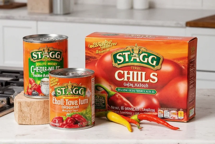 Stagg chili cans arranged on kitchen counter with ingredients for customization