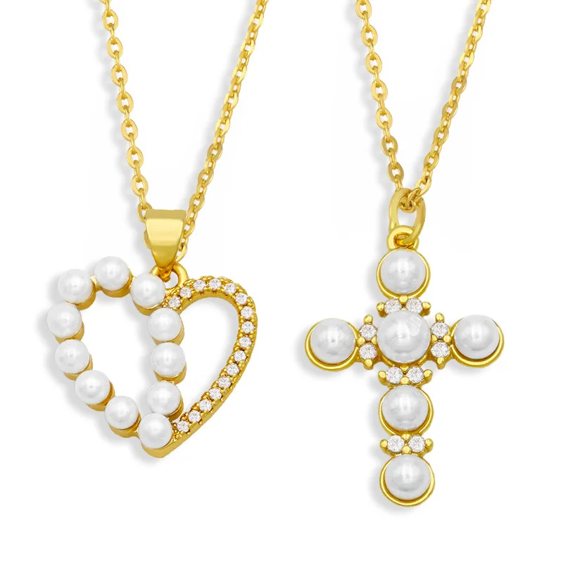 

NK-1092 2021 New Summer Unique Luxury Pearl Necklace Men Women Jewelry Sets Pearl Cross Necklace, Gold