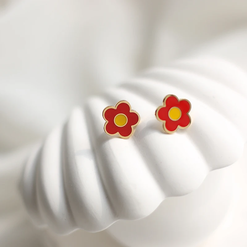 

2021 Cute Red Flower Drop 18k Gold Plated Enamel stud Earrings Hypo allergenic