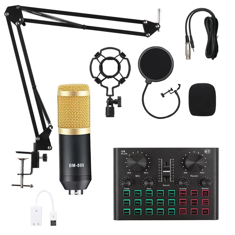 Studio Recording Equipment bm800 v8plus Condenser Microphone with Shock Mount Arm Scissor Stand Filter With V8 Plus sound card