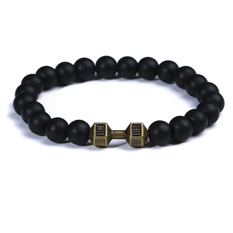 

Amazon Hot Selling Natural Stone Fitness Barbell Pendant Bracelet Stretch Black Grinding Stone Beads Dumbbell Charms Bracelet, As pic