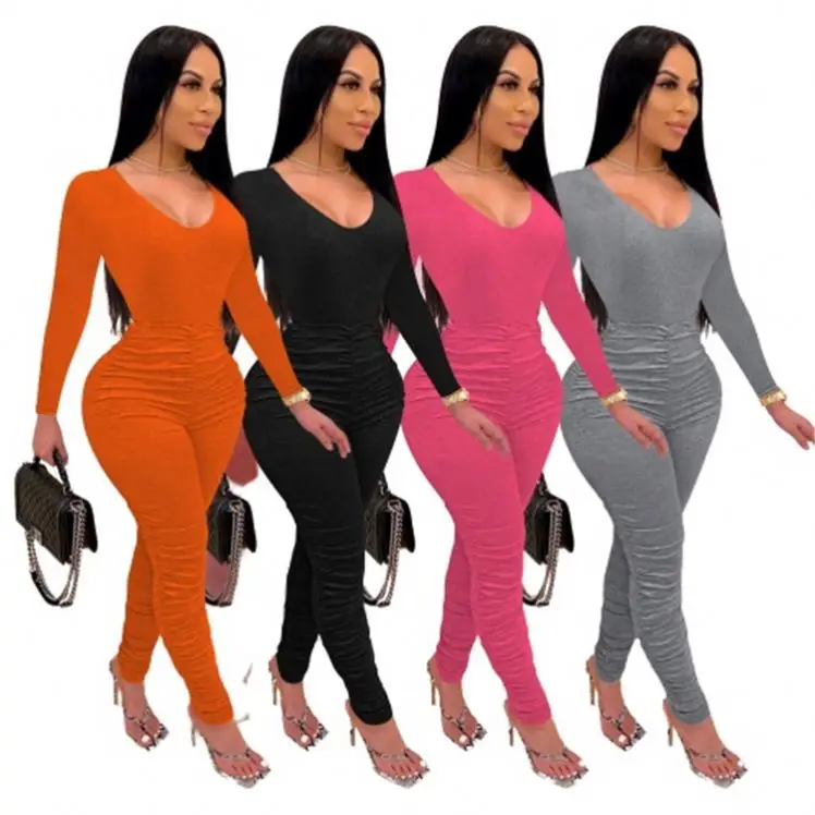 

0820M207 Autumn Winter Solid Draped Women's Full Length Stacked Ladies Bodycon Bodysuits One Piece Jumpsuits