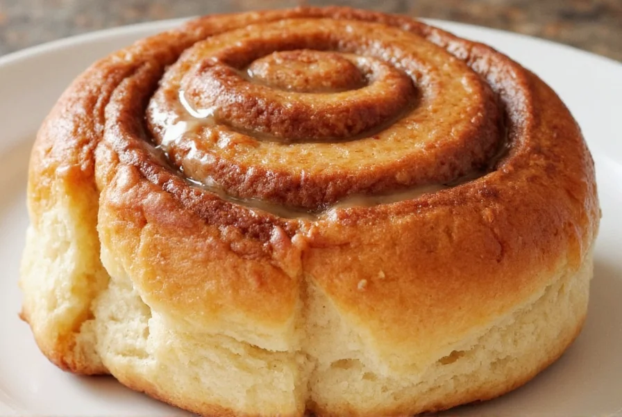 Cross-section of perfectly layered ooey gooey cinnamon roll showing melted filling
