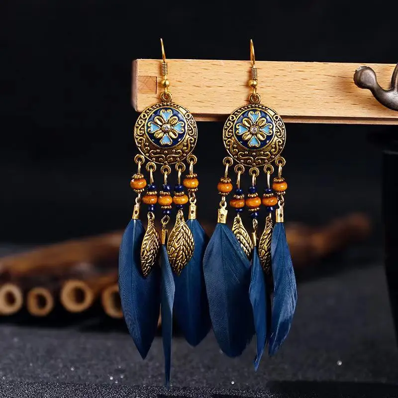 

Bohemia Colorful Retro Unique Beads Feather Earrings