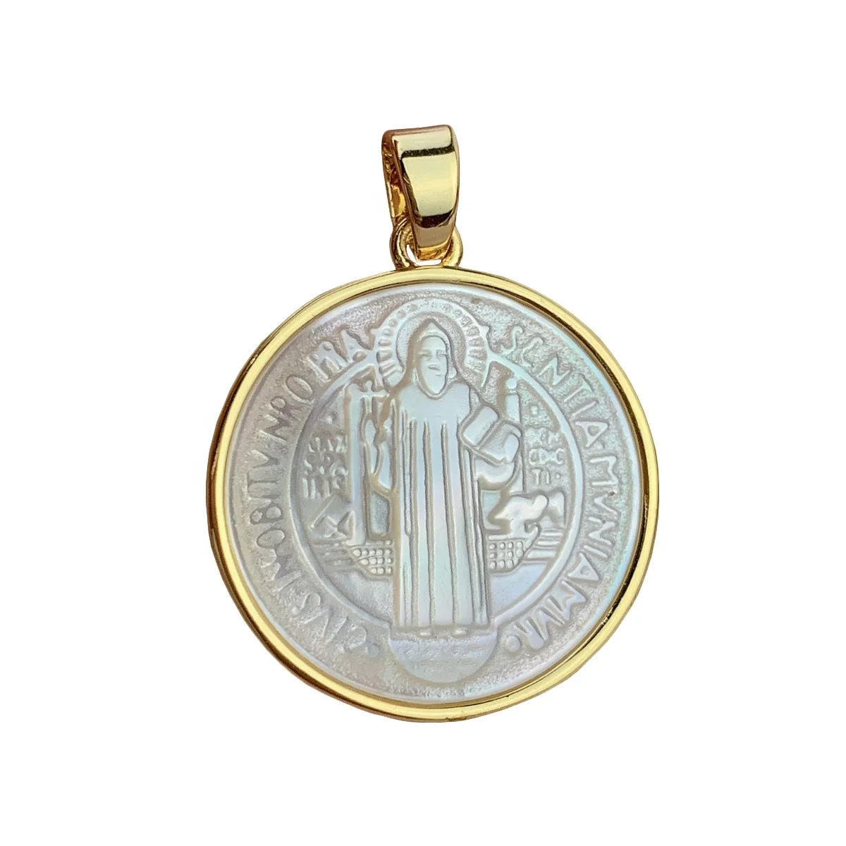 

Round Mother of Pearl Shell Medal Catholicism Saint Benedict Pendants For Jewelry Making Necklace Ladies