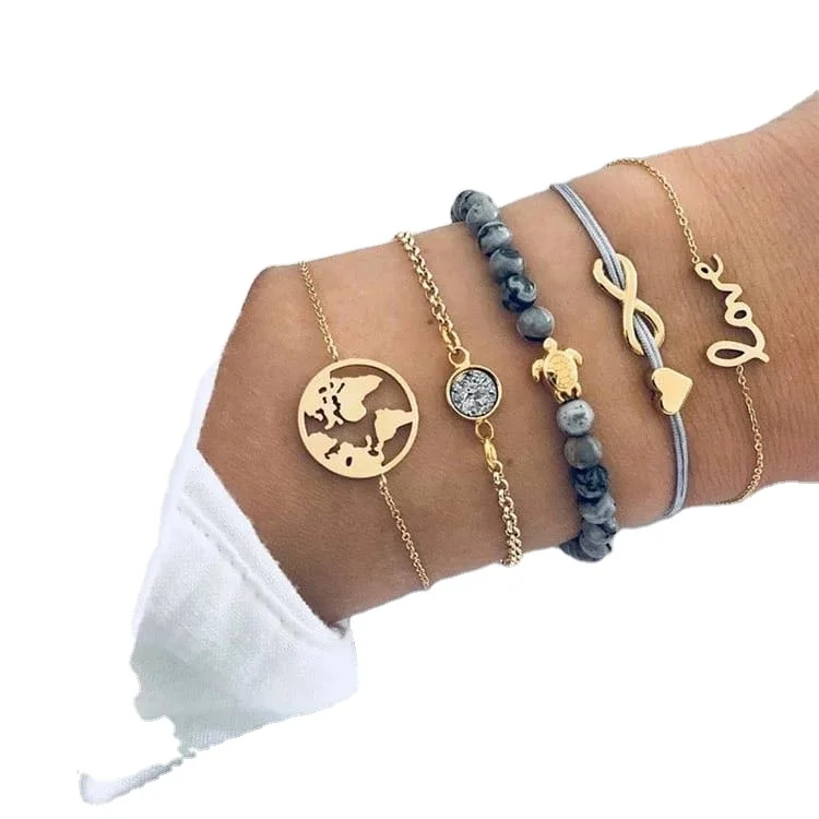 

fashion jewelry map heart letter love crystal beads chain bracelet turtle bracelet, Gold