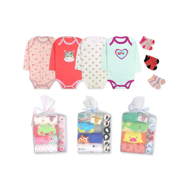 4 piece long sleeve baby bodysuit matching with 3 pair baby socks for gift set