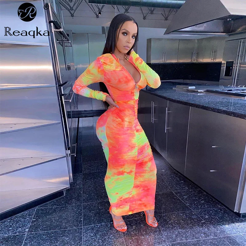 

Reaqka Tie Dye Print Fashion Long Sleeve Bodycon Clubwear Ankle-Length Dress for Women Wholesale OEM ODM