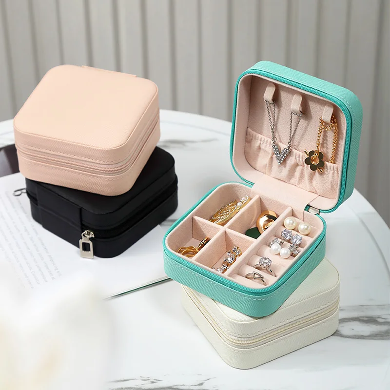 

Small Leather Jewelry Gift Box Organizer Travel Velvet Necklace Ring Earring Jewel Jewellery Case Square Velvet Ring Box, Pink, green, black, creamy-white