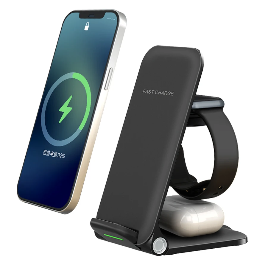 

New slim foldable OEM 3 in 1 folding wireless charging station QI 15W fast charging vertical phone stand holder wireless charger