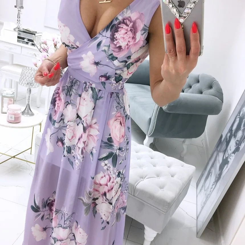 

Summer Women Floral Sleeveless Maxi Dress Sexy Slit Boho Beach White Dresses 2021 Elegant Deep V-Neck prom casual dress