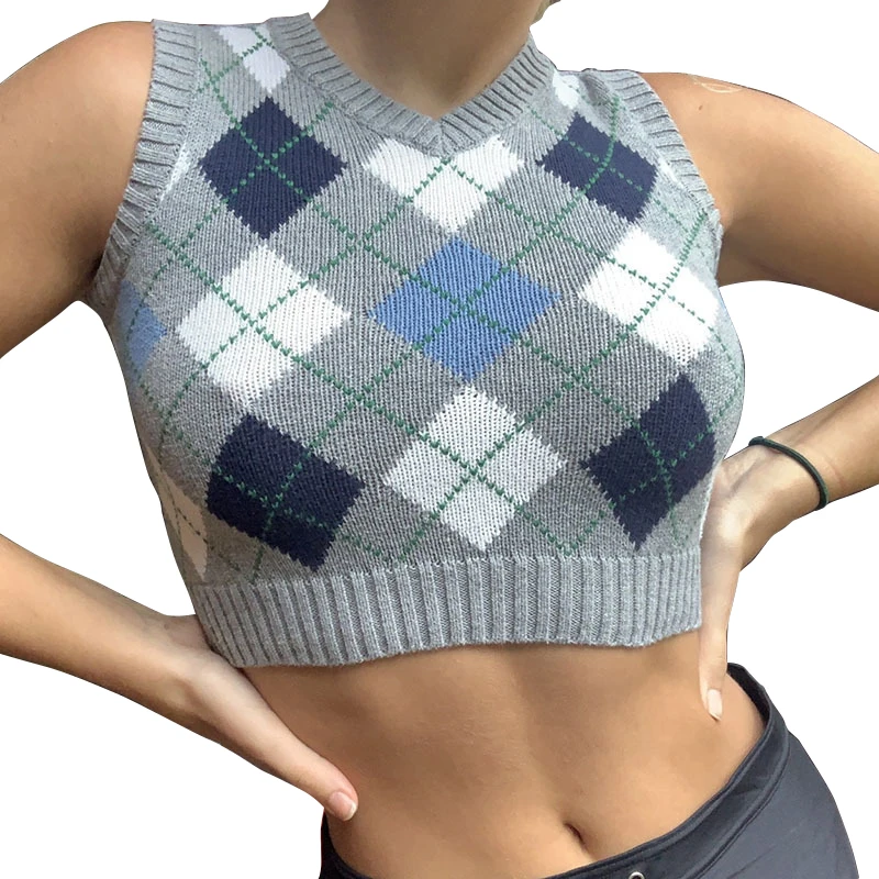 

2022 Wholesale Cheap Fashion Plaid Cropped Sleeveless Vest V-neck Tank Top Knit Sweater Vest For Women