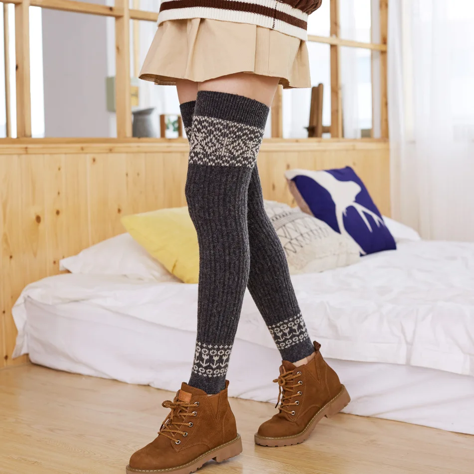 

Geometric Arrow Pattern Knitted Over The Knee Black Angora Wool Leg Warmers Winter for Girls, 3 colors