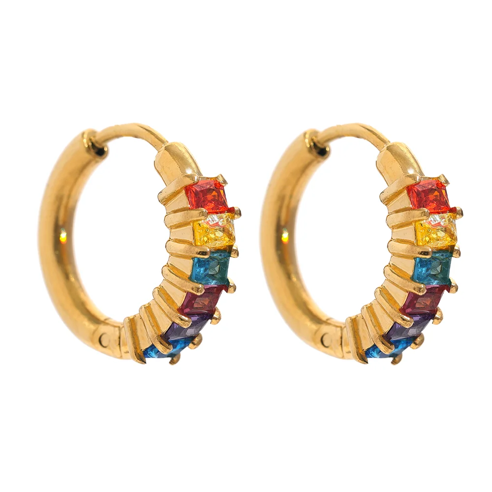 

JINYOU 2110 Colorful White Cubic Zirconia Stainless Steel Round Rainbow Bling Hoop Earrings Women Delicate High Quality Jewelry